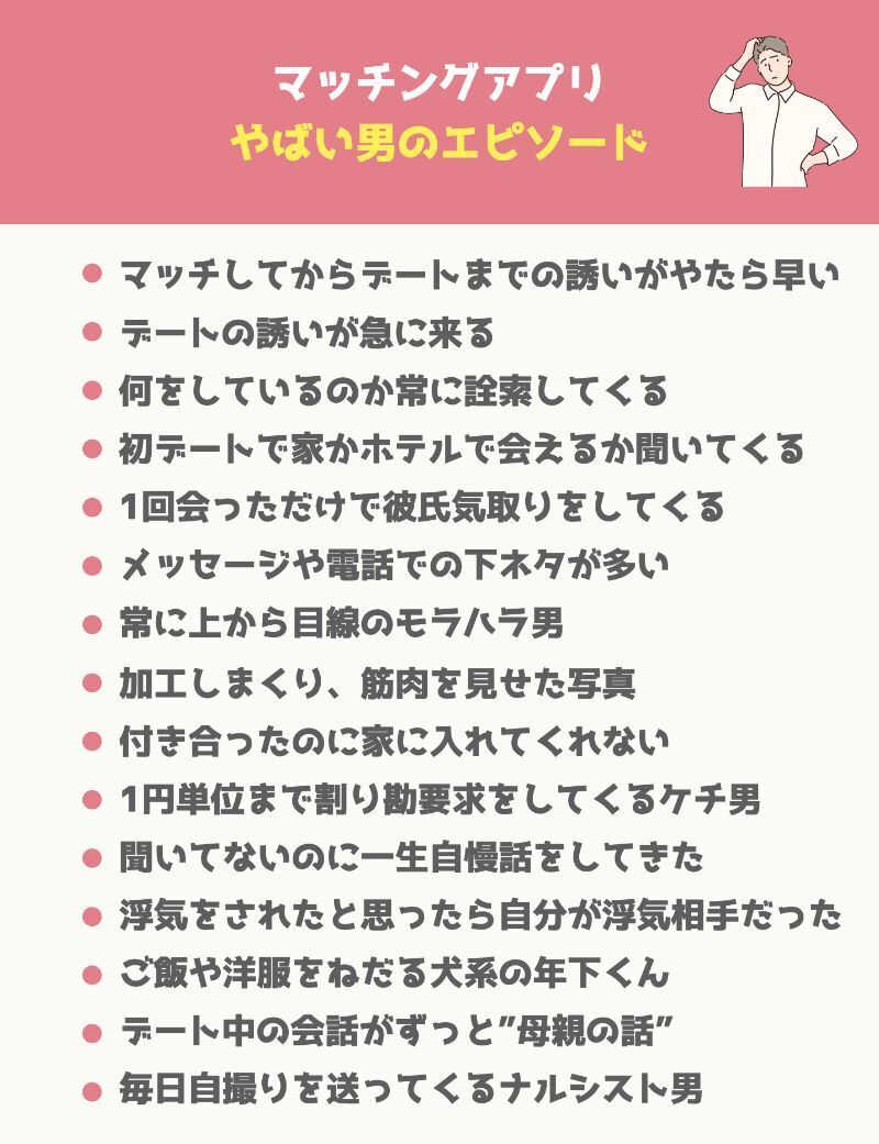 マッチングアプリにいるやばい男の特徴あるあると見分け方｜要注意人物への対処法を解説！ | Smartlog出会い