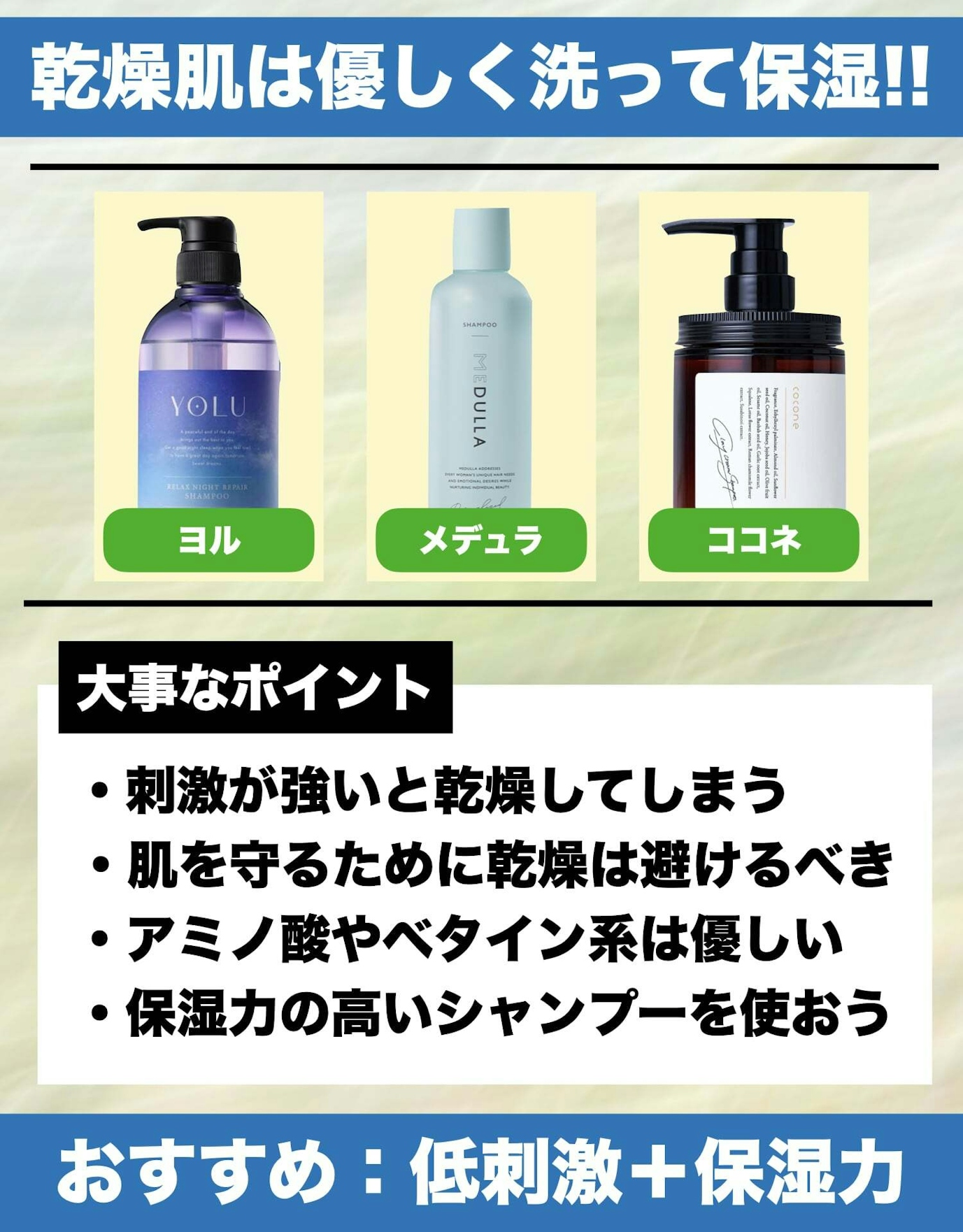 乾燥肌タイプ:『低刺激な洗浄成分』+『保湿成分』のシャンプーがおすすめ