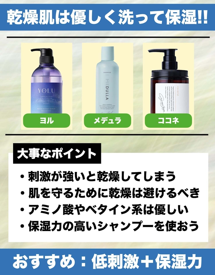乾燥肌タイプ：『低刺激な洗浄成分』＋『保湿成分』のシャンプーがおすすめ
