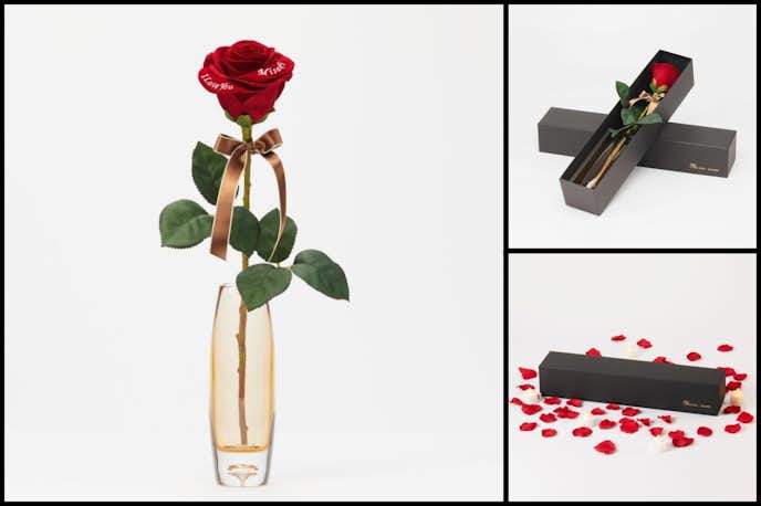 彼女の誕生日プレゼントにメリアルームの1本の赤バラと花瓶セット