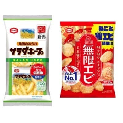 阿賀野市のおすすめふるさと納税返礼品は亀田製菓 サラダホープ90g&無限エビ73g詰合せ