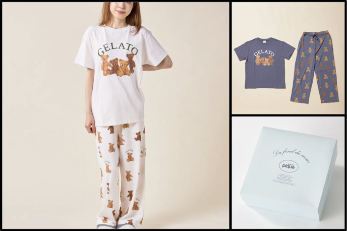一年記念日に彼女に贈るおすすめのパジャマ:gelato pique ベアワンポイントTシャツ&ベア柄ロングパンツ