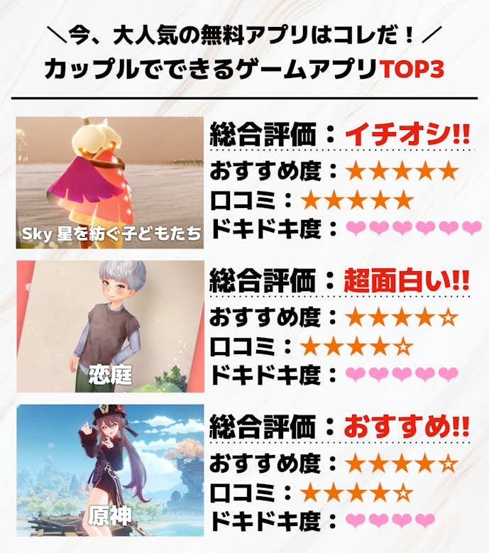 カップルでできるゲームアプリおすすめTOP3