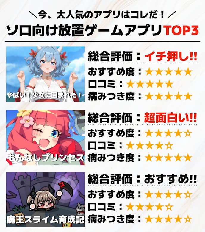 ソロ向け放置ゲームアプリTOP3画像