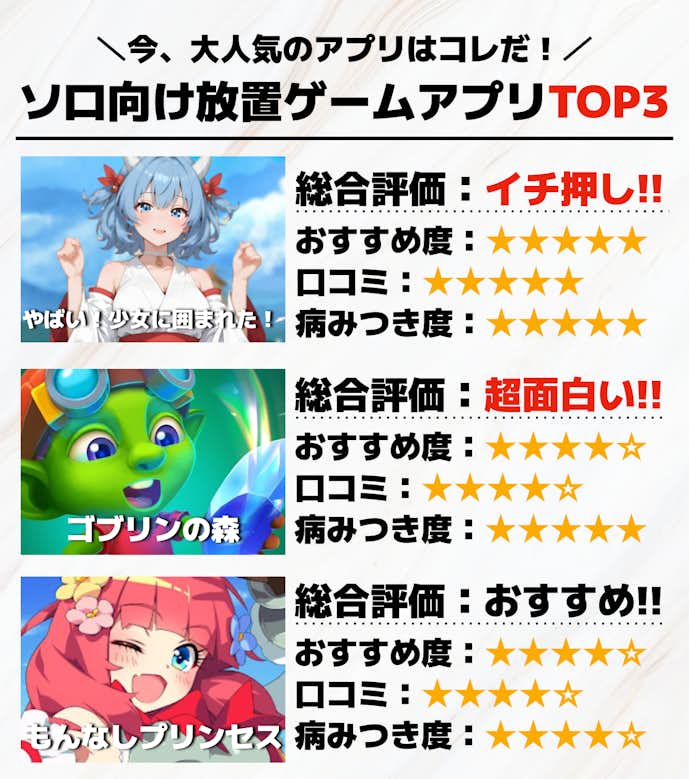 ソロ向け放置ゲームアプリTOP3画像