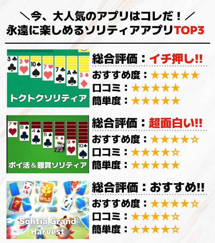 永遠に楽しめるソリティアアプリTOP3