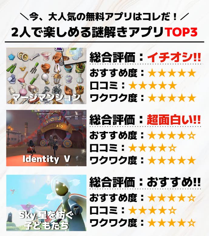 2人で楽しめる謎解きアプリTOP3