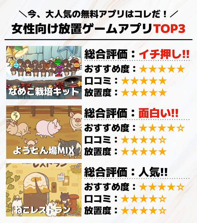 女性向け放置ゲームアプリTOP3