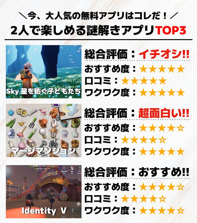 2人で楽しめる謎解きアプリTOP3