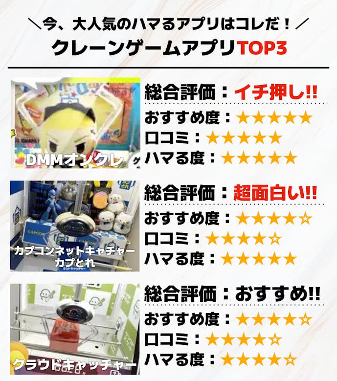 クレーンゲームアプリTOP3