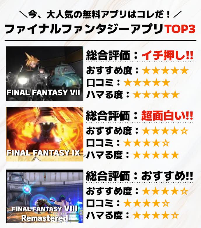 ファイナルファンタジーアプリTOP3