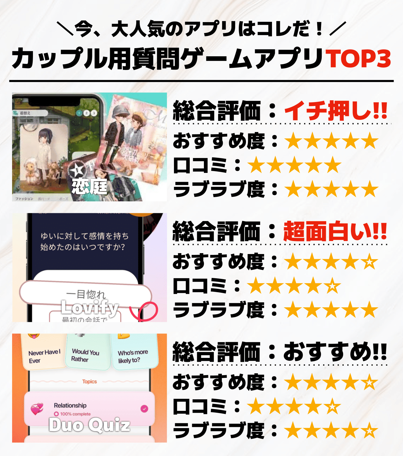 カップル用質問ゲームアプリTOP3