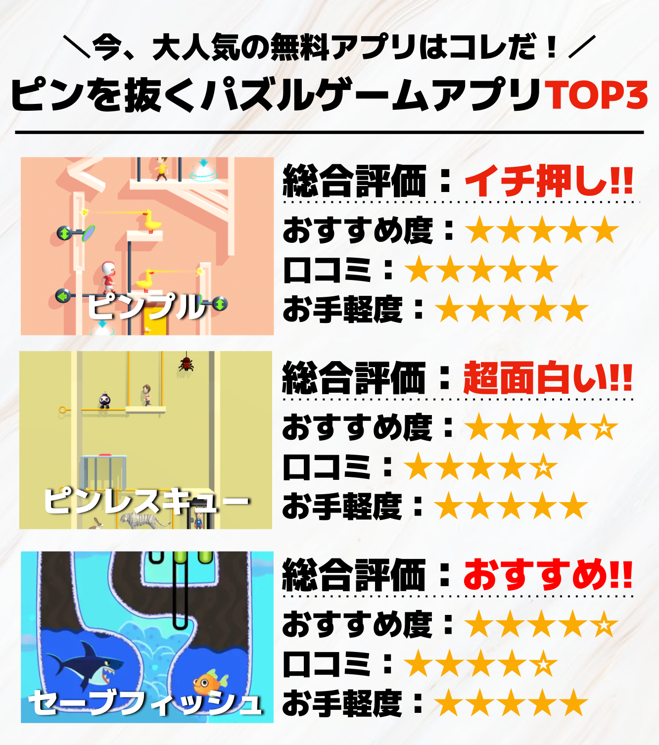 ピンを抜く無料パズルゲームアプリTOP3