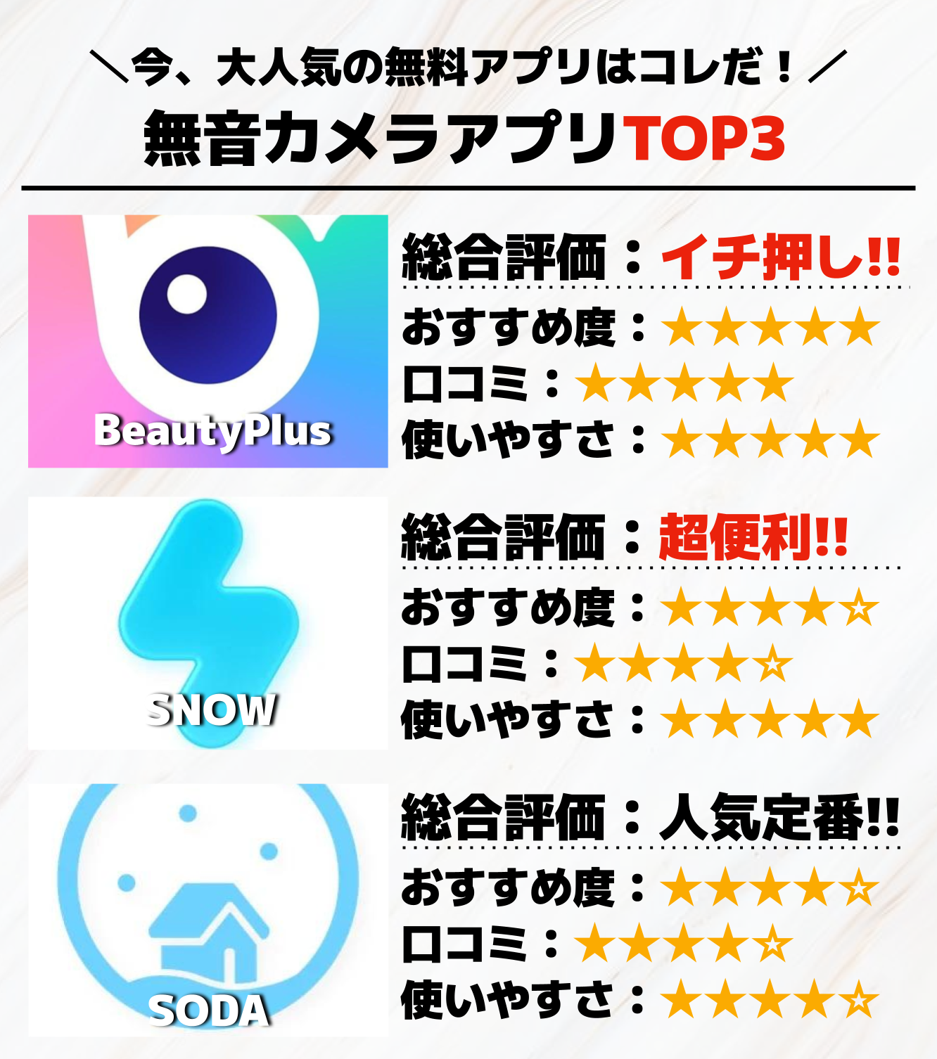 無音カメラアプリTOP3