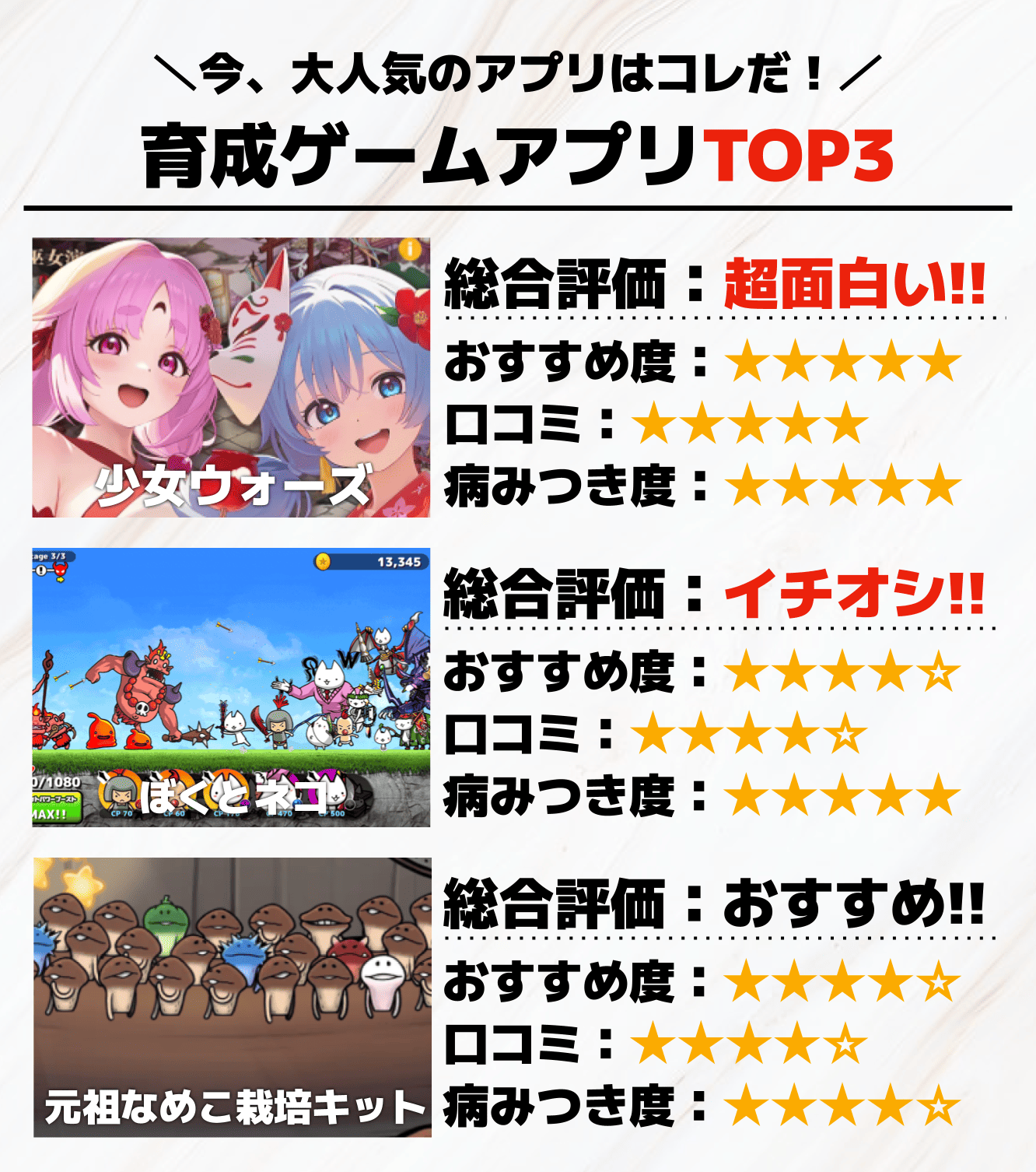 育成ゲームアプリTOP3