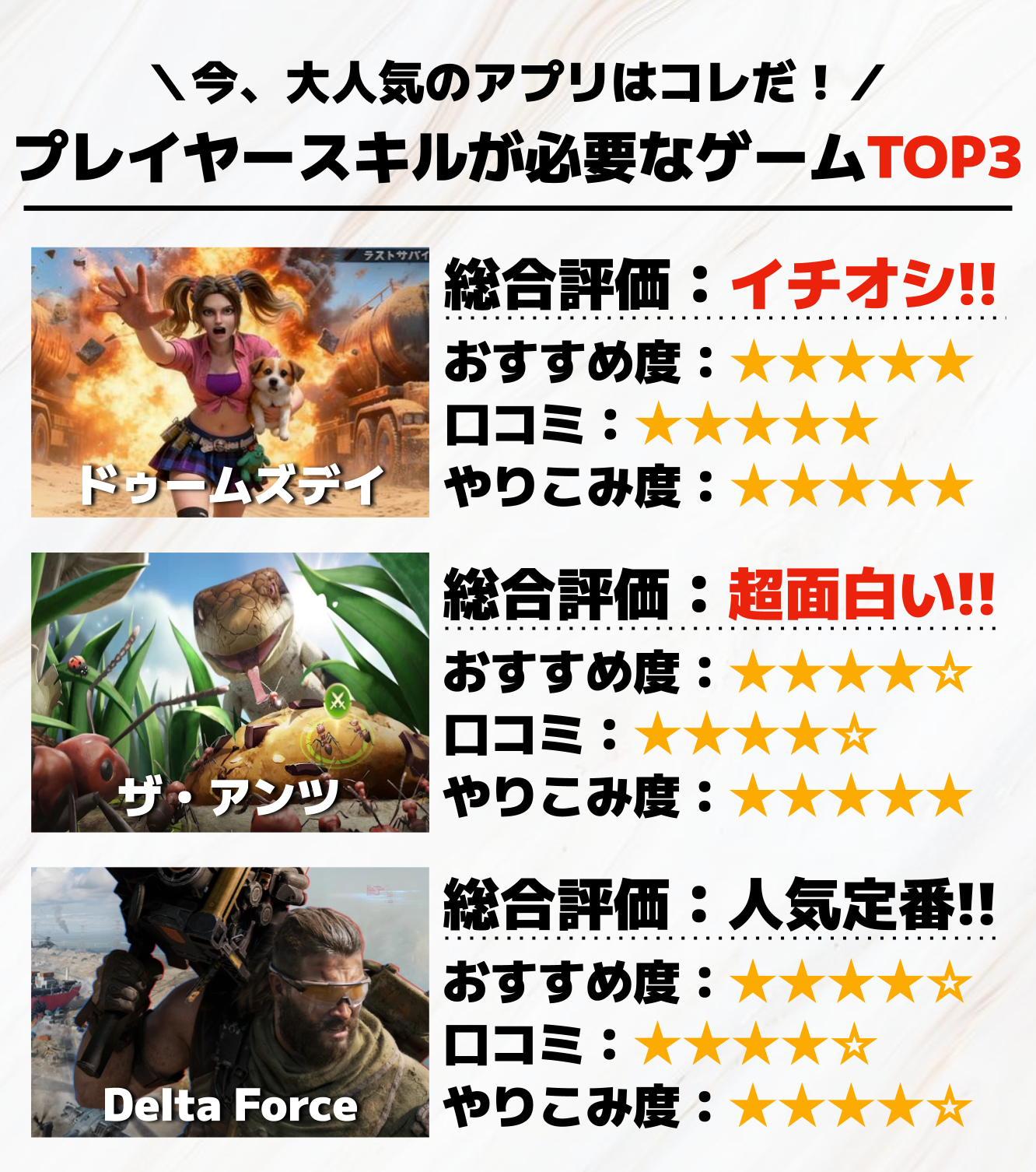 プレイヤースキルが必要なゲームアプリTOP3