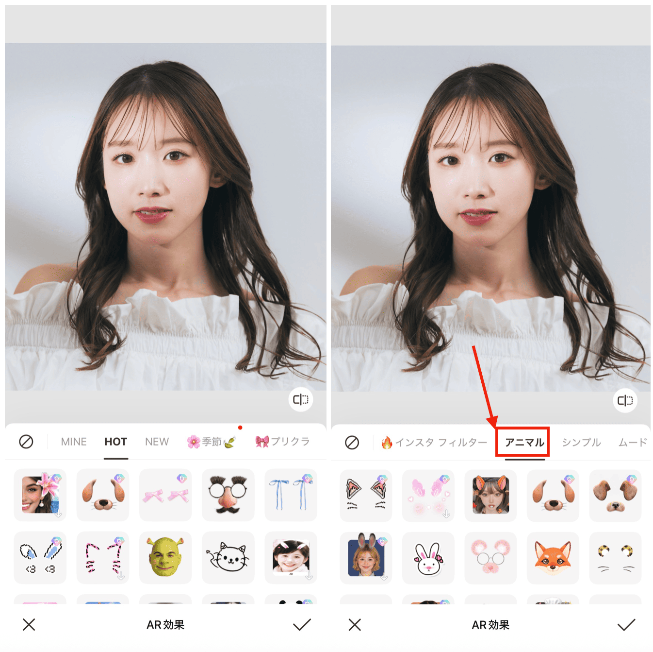 BeautyPluの『AR効果』を使って顔を動物にする方法