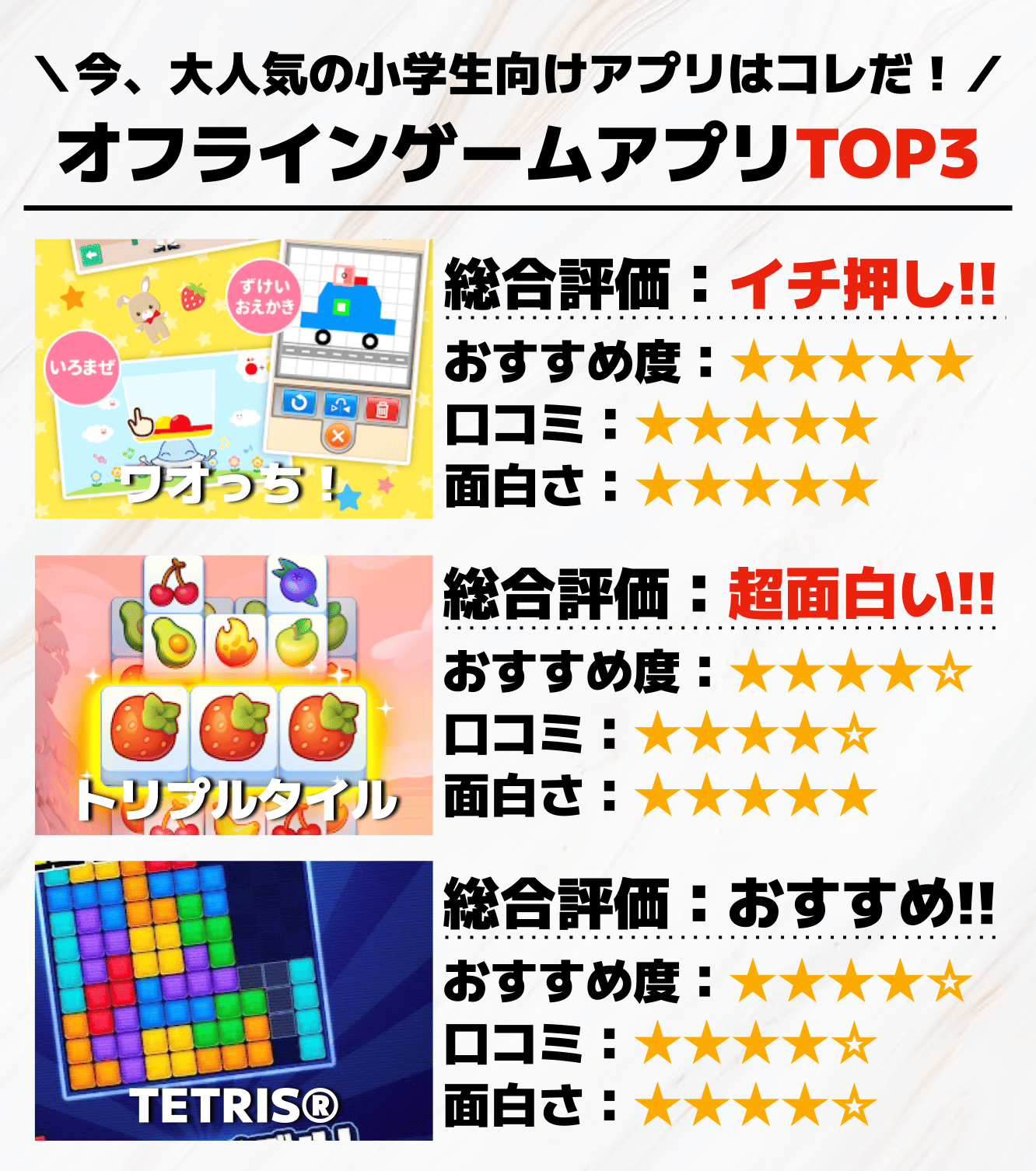 小学生向けのオフラインゲームアプリTOP3