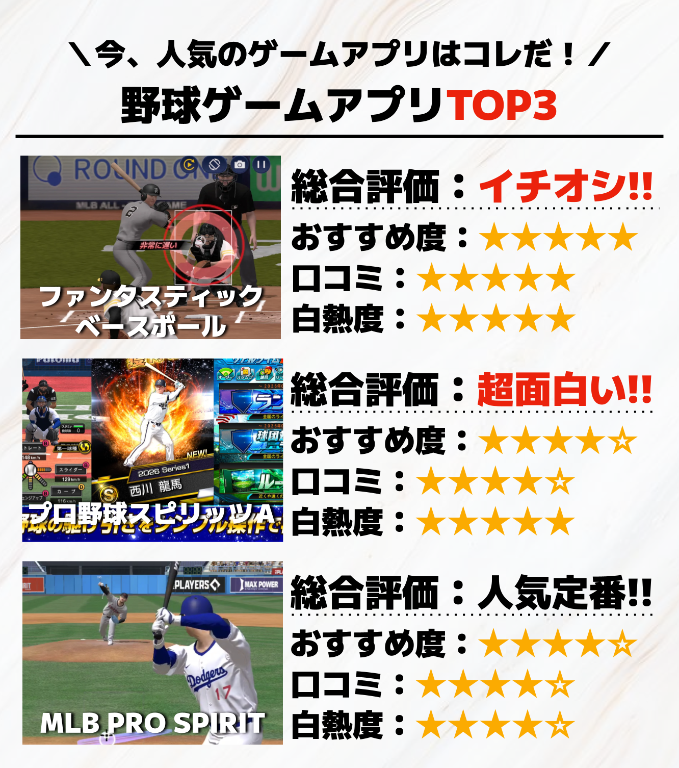 野球ゲームアプリTOP3