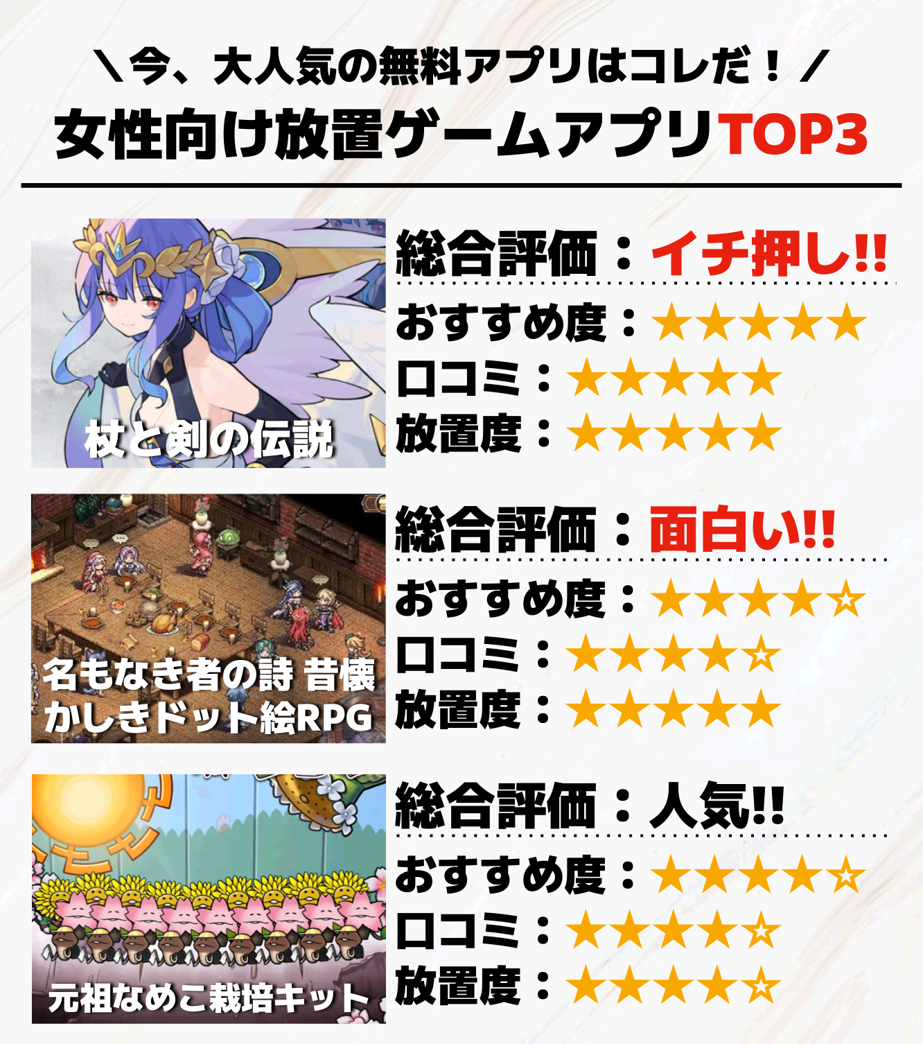 女性向け放置ゲームアプリTOP3