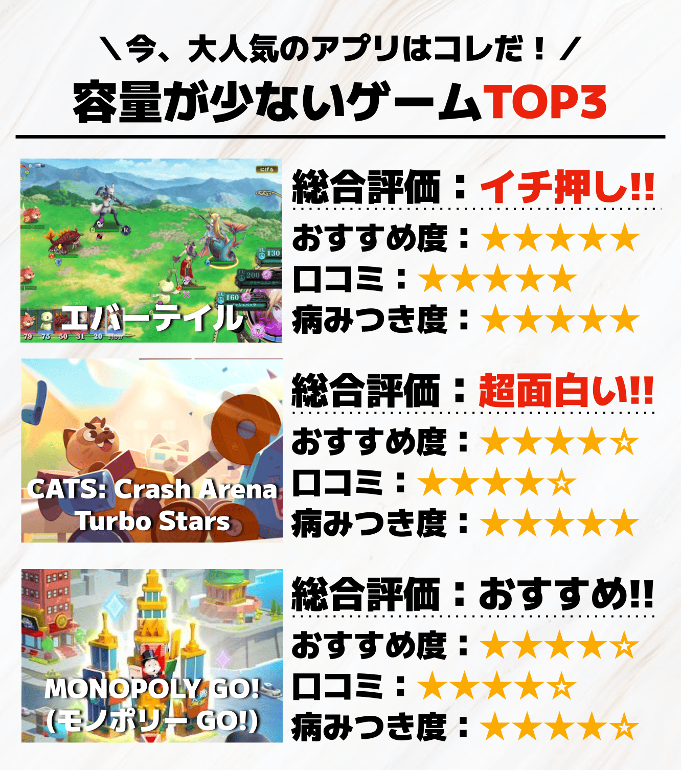 容量が少ないゲームアプリTOP3