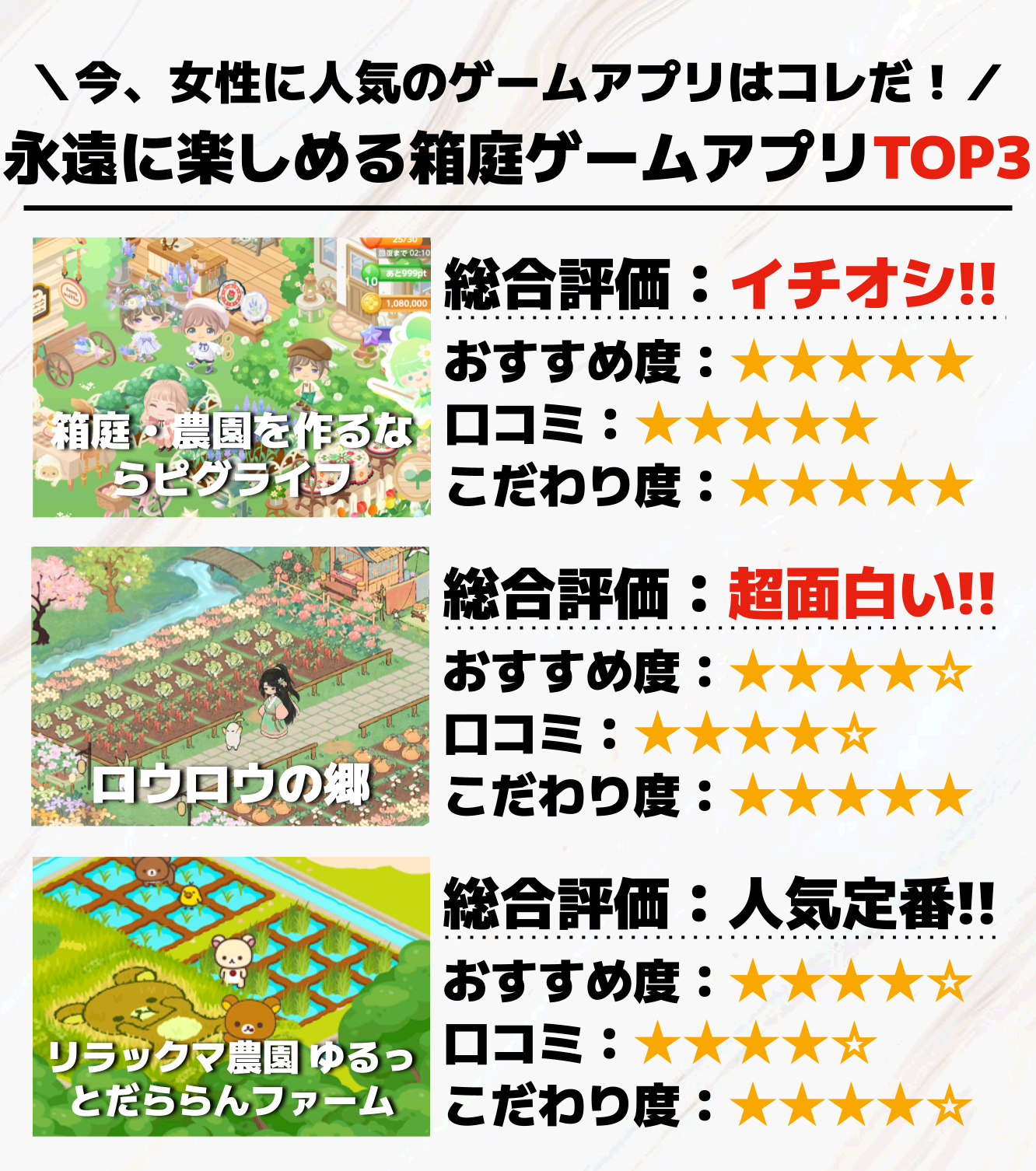 女性向け箱庭ゲームアプリTOP3