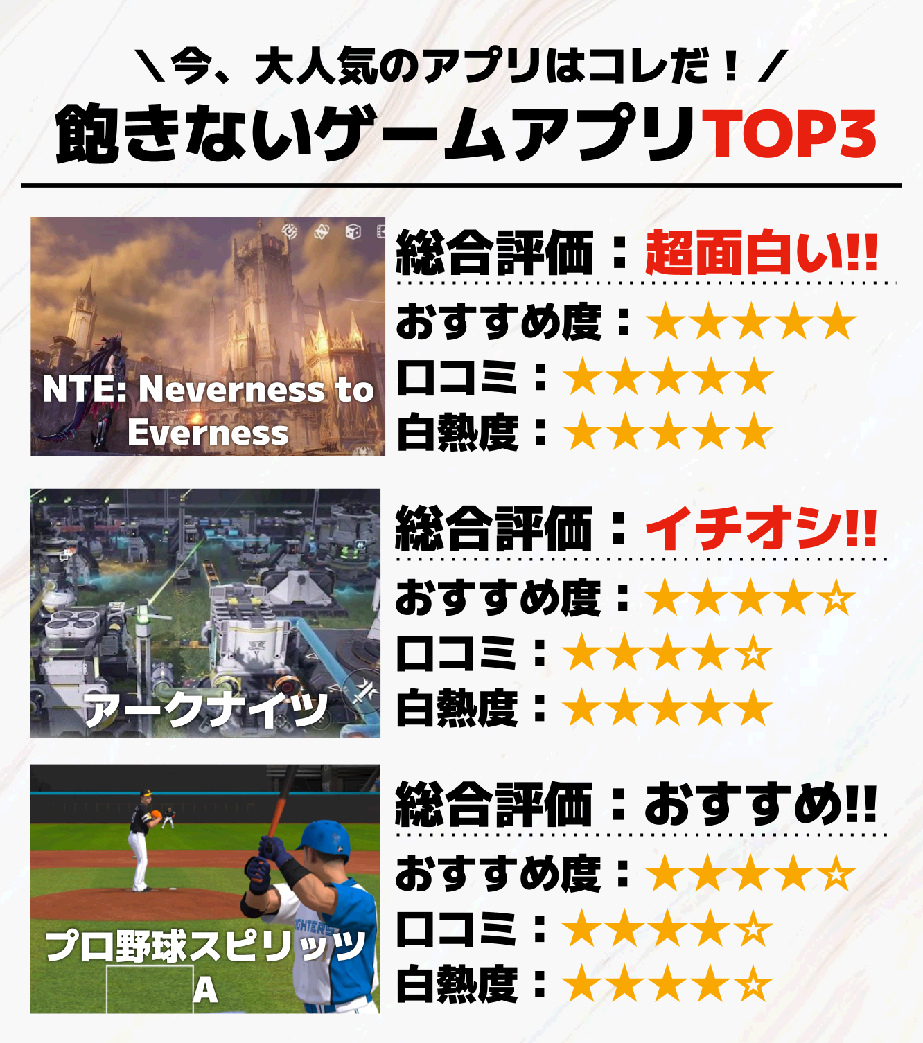 飽きないゲームアプリTOP3