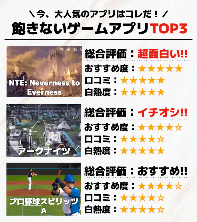 飽きないゲームアプリTOP3