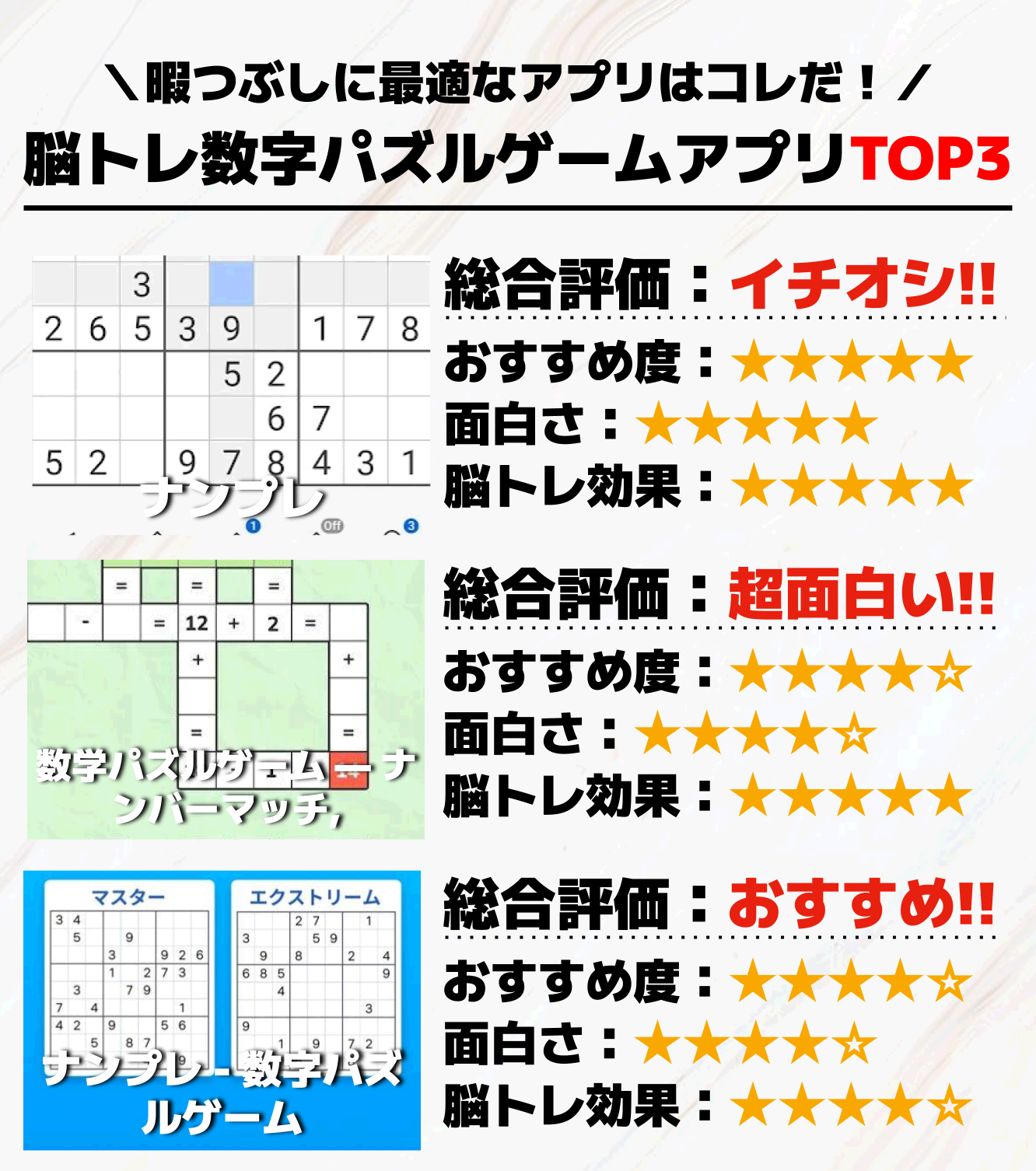 脳トレ数字パズルゲームアプリTOP3