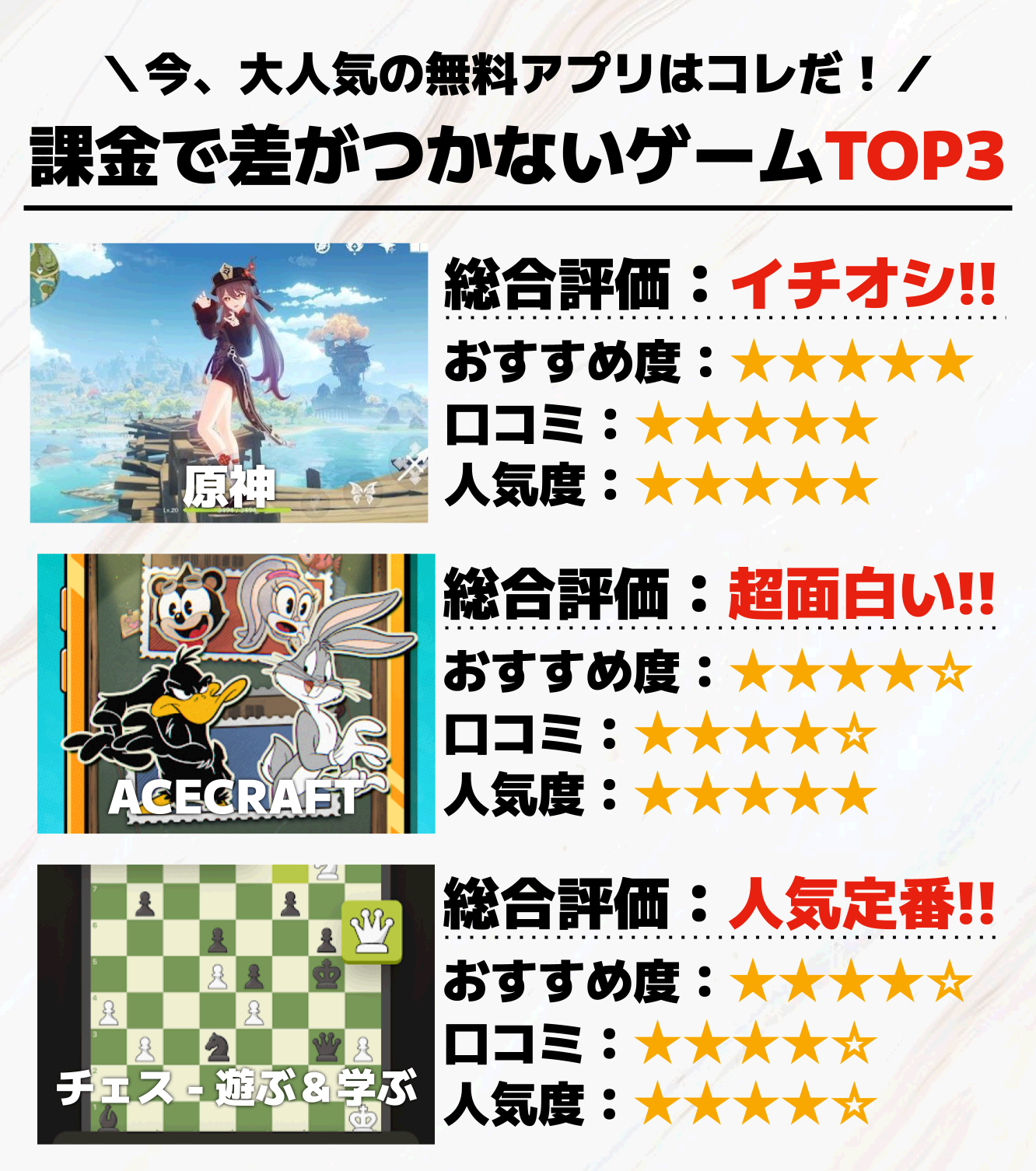 課金で差がつかないゲームTOP3