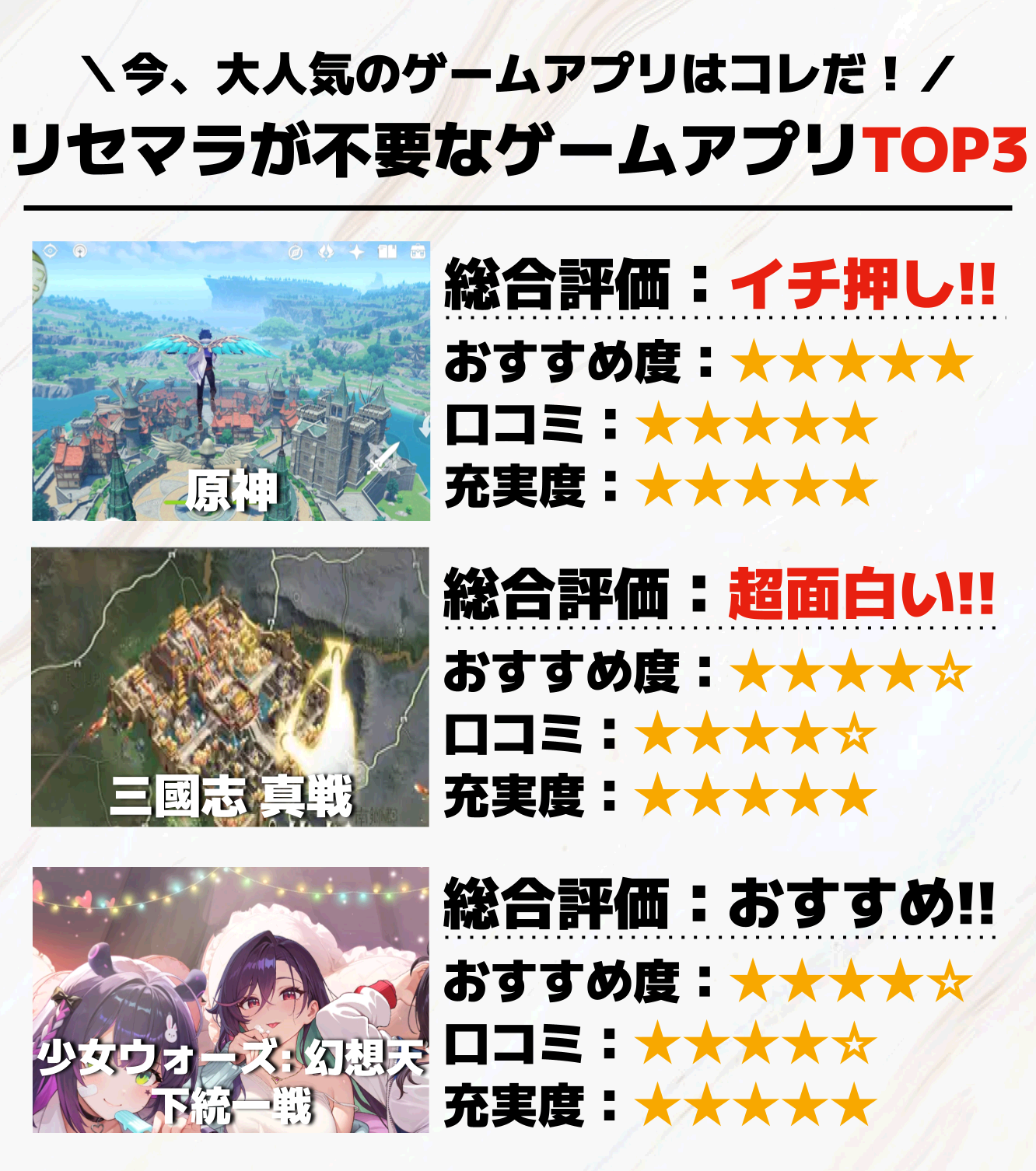 リセマラが不要なゲームアプリTOP3