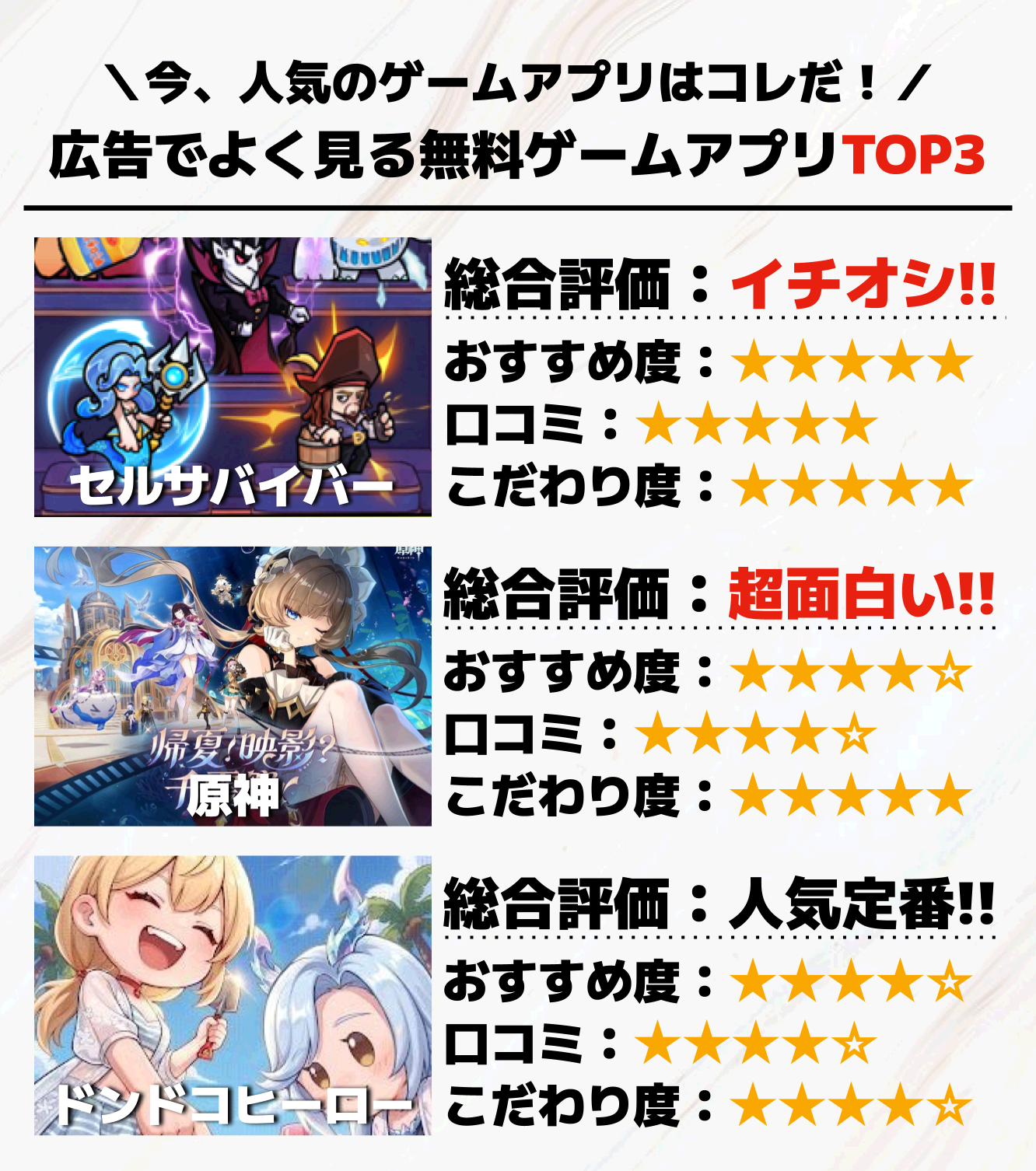 広告でよく見る無料ゲームアプリTOP3