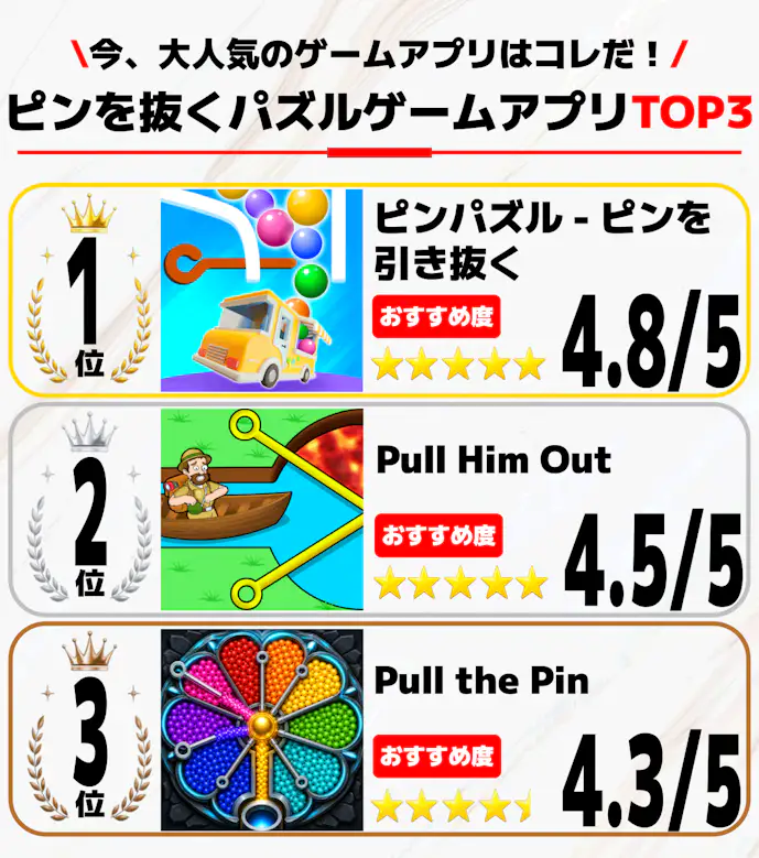 ピンを抜くパズルゲーム 無料TOP3