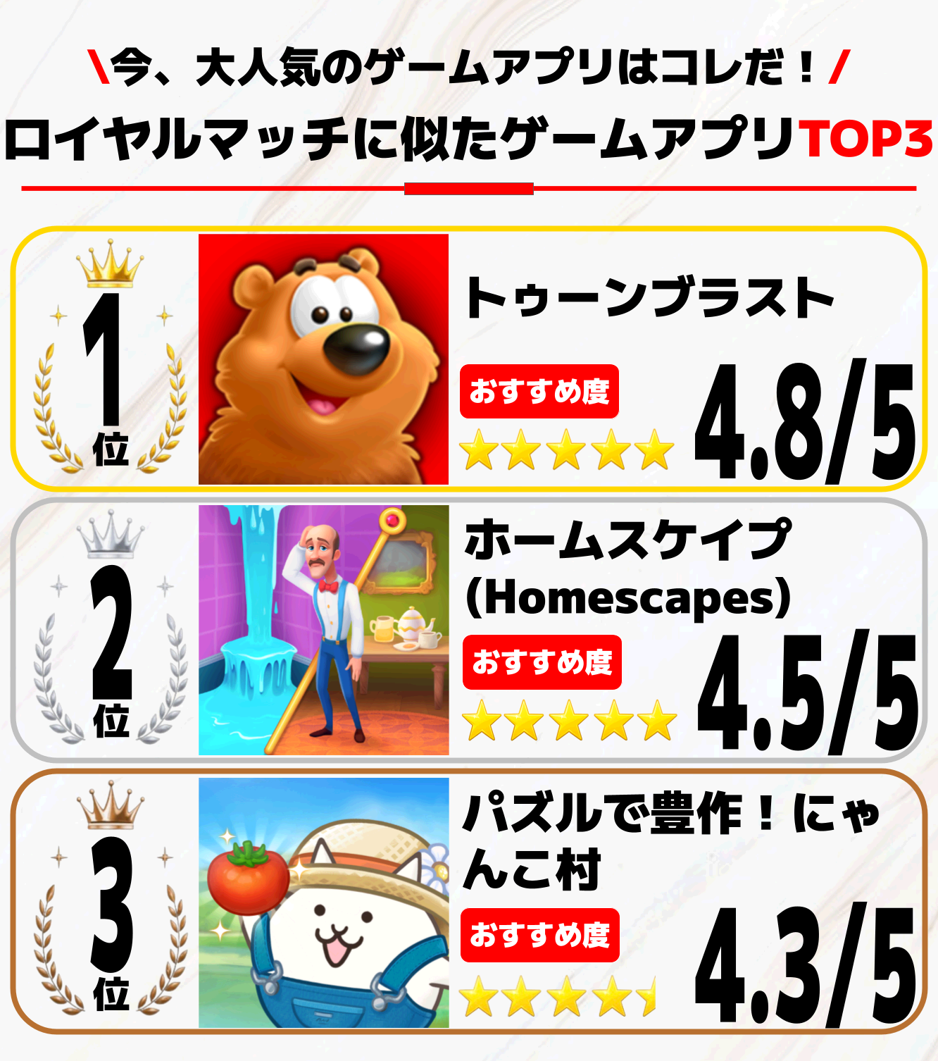 ロイヤルマッチに似たゲームTOP3